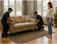 Delivery team positioning a sofa in the customer’s living room