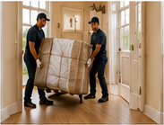 White-glove crew carefully navigating wrapped furniture through a hallway
