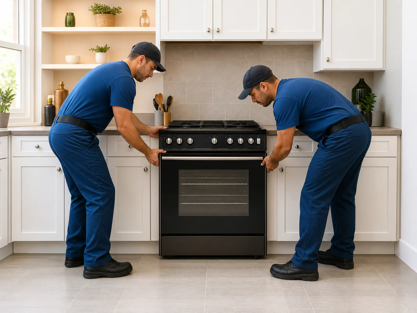 Professional delivery technicians completing final alignment and inspection of a kitchen range