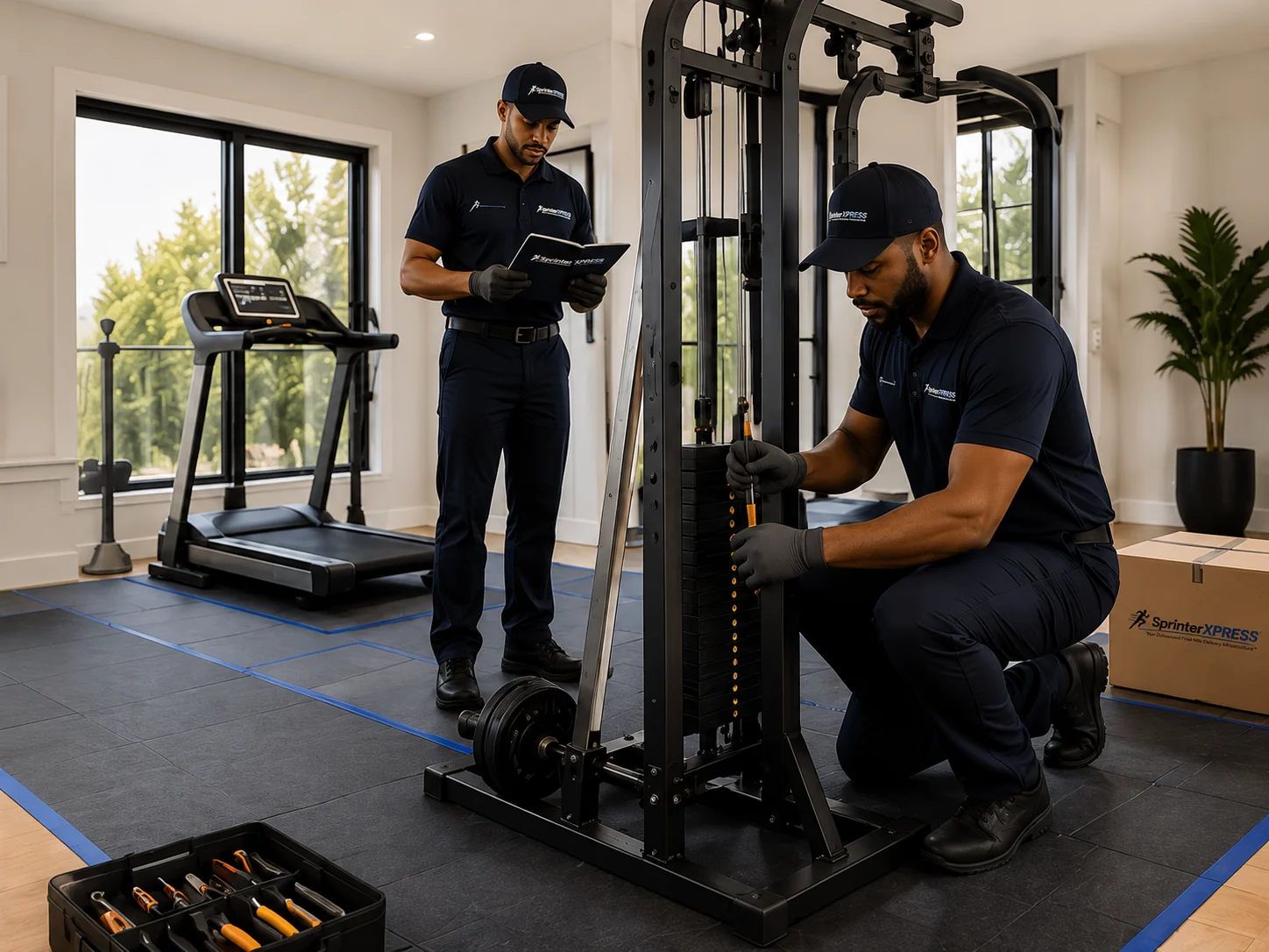 Two professional delivery technicians assembling premium home gym equipment in a protected residential space