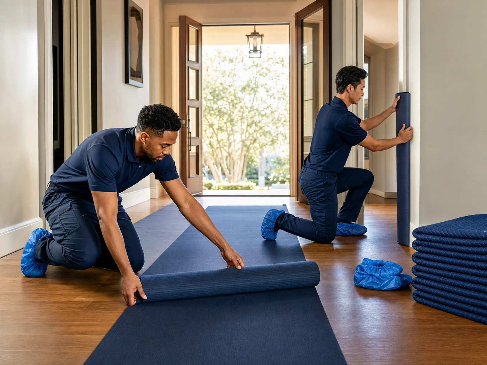 Delivery professionals installing protective floor runners and wall padding inside a customer’s home