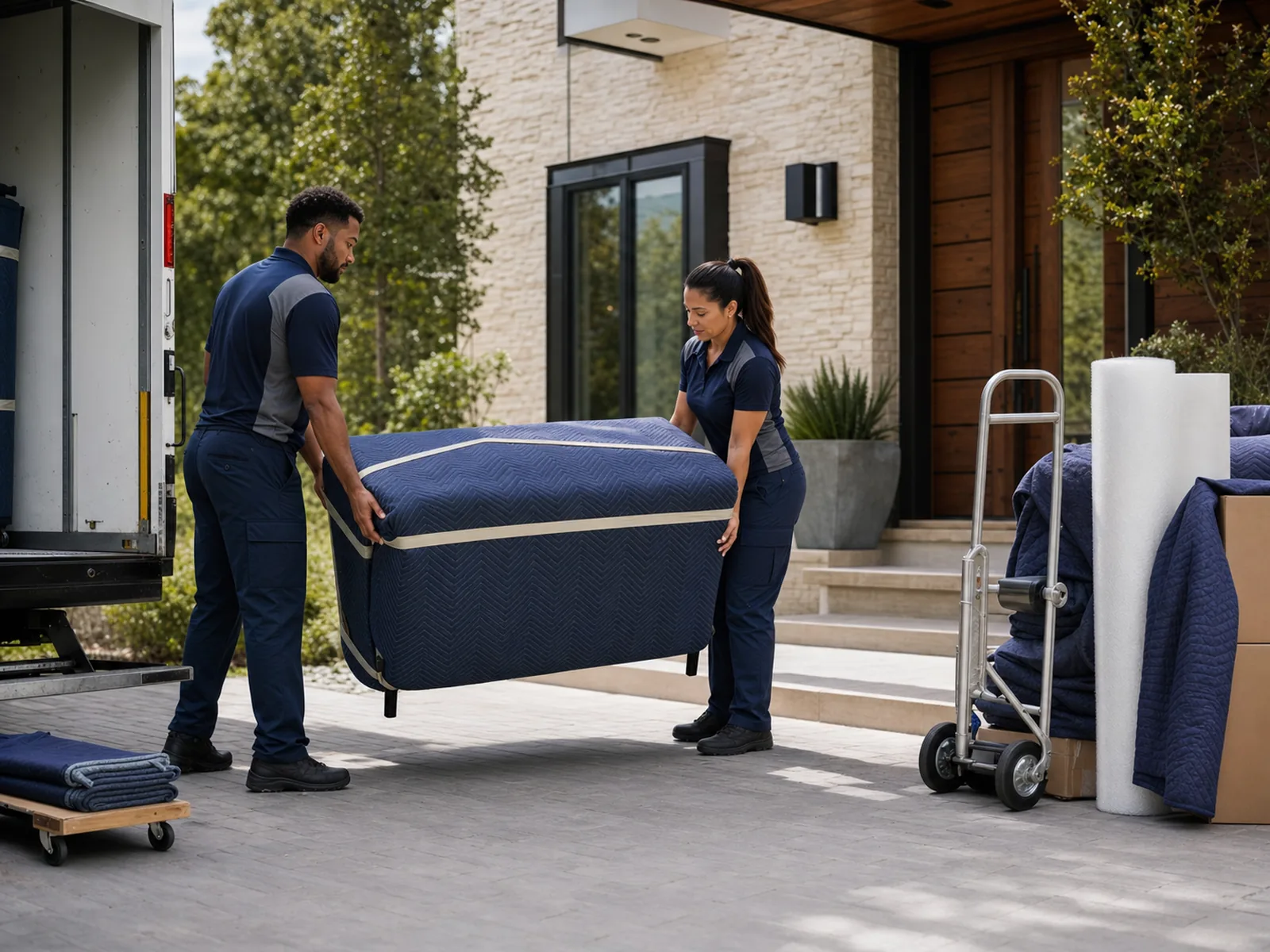 Professional two-person delivery team preparing a protected furniture item outside a customer’s residence