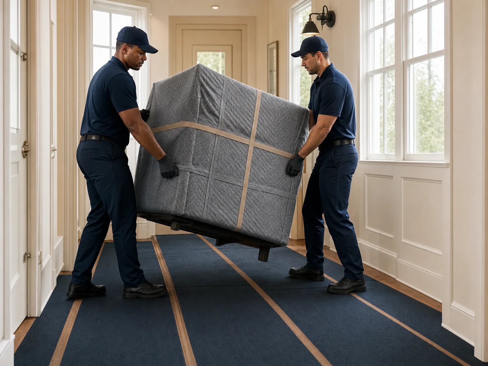 Professional delivery team carrying a protected furniture item over floor runners toward the customer’s selected room
